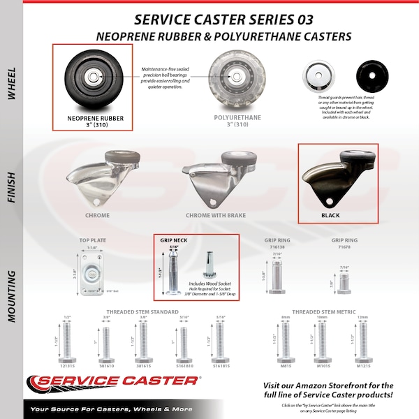 3 Inch Black Hooded Neoprene Rubber 5/16 Inch Grip Neck Stem Caster SCC